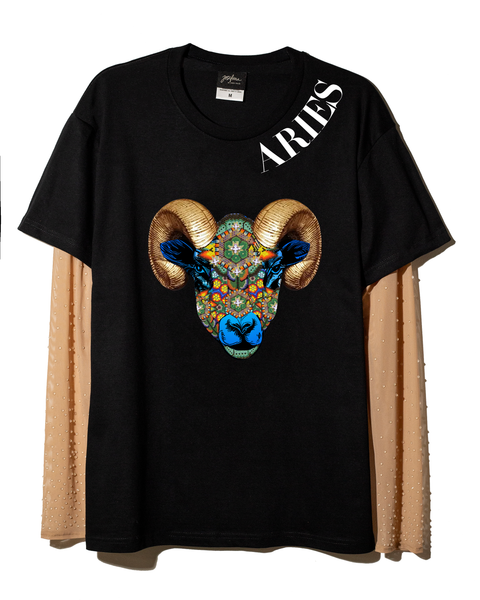 T shirt negra Aries con mangas de mesh bordadas