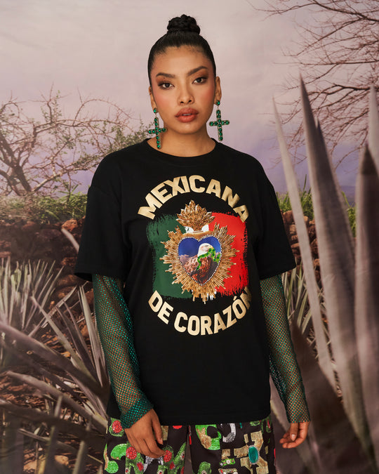 T shirt negra Mexicana de corazón bandera