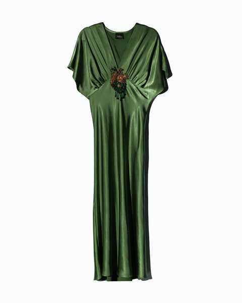 Vestido Largo Satin Verde Corazón Bordado