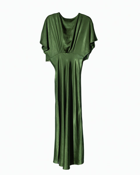 Vestido Largo Satin Verde Corazón Bordado