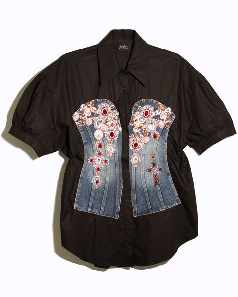 Top negro con corset denim