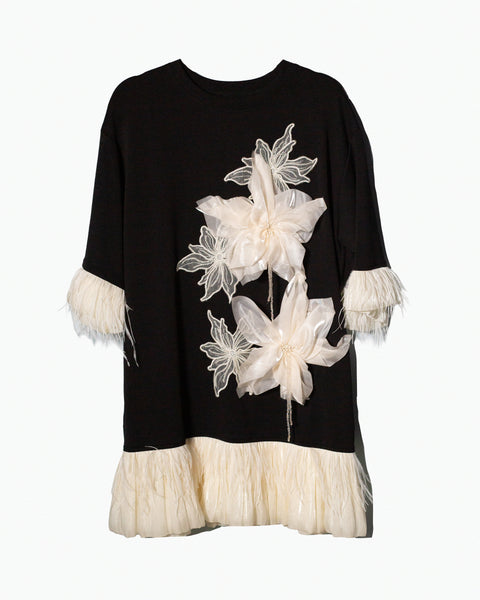 Camiseta/Vestido Negro con Detalles en Off-White