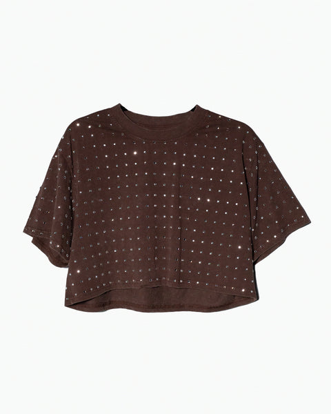 Camiseta crop Café con cristales