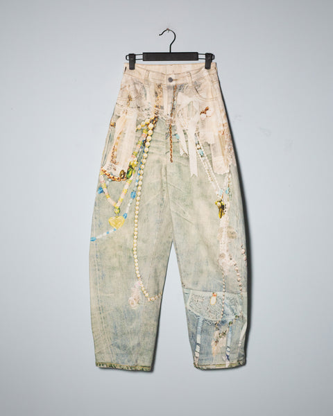 Barrel jeans estampado tipo mezclilla con perlas