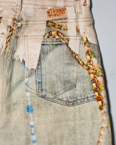 Barrel jeans estampado tipo mezclilla con perlas