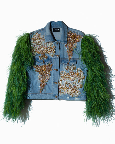 Denim Jacket Green Feathers