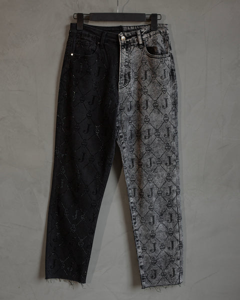 Boyfriend jeans bicolor con cristales logomania