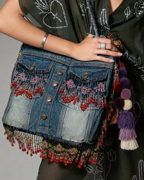 Bolsa Denim Flecos Pedreria